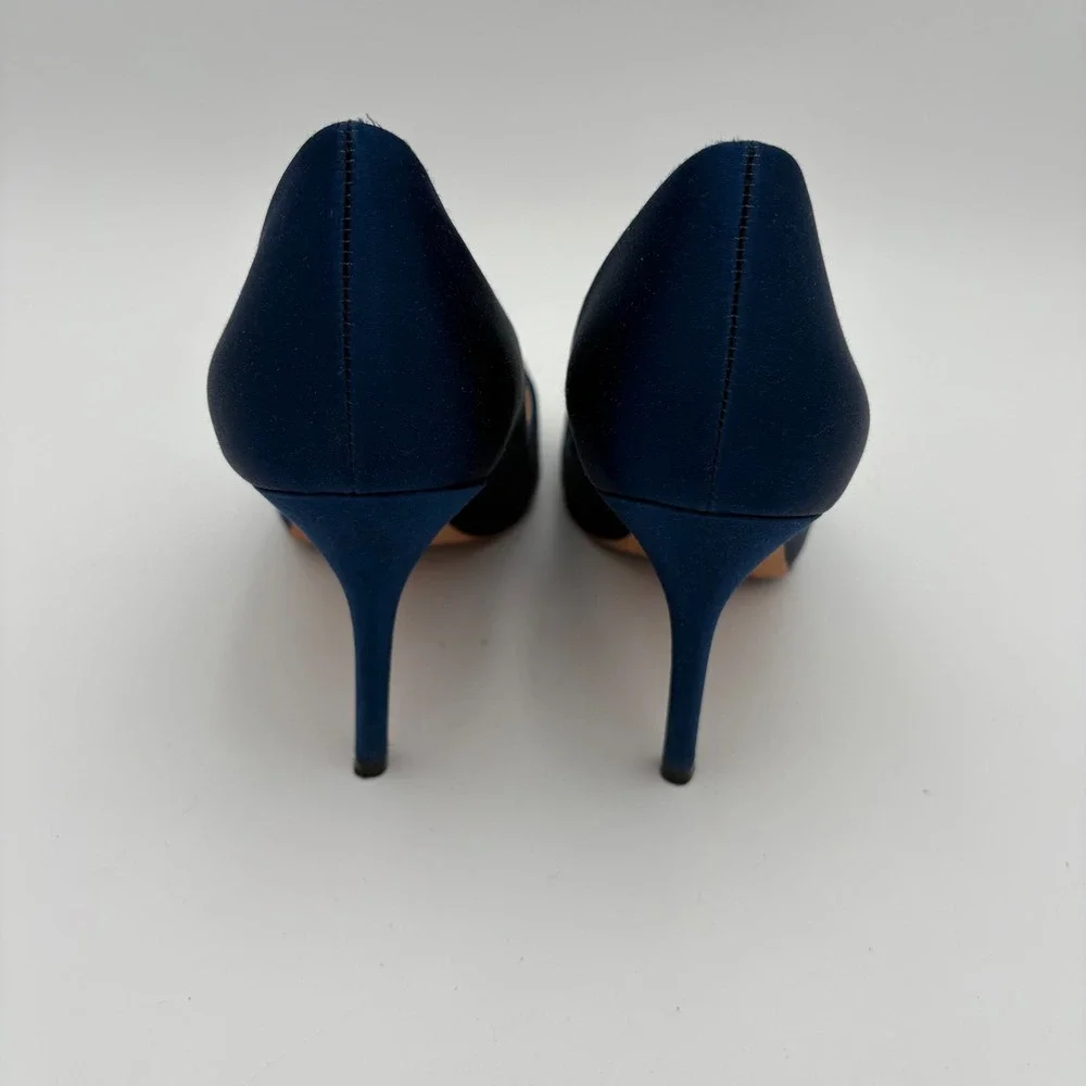 Badgley‎ Mischka Navy Blue Satin Peep Toe Heels Embellished Crystal Sparkle 9.5W